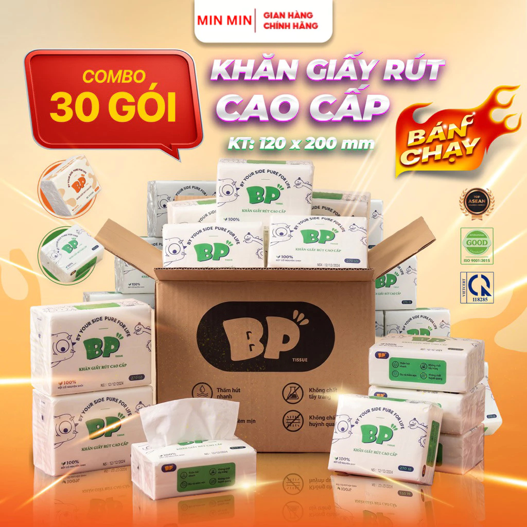 Thùng 30 Gói Giấy Rút Cao Cấp BP Tissue 270 Tờ Chất Liệu Nguyên Sinh Mềm Mịn An Toàn Cho Da