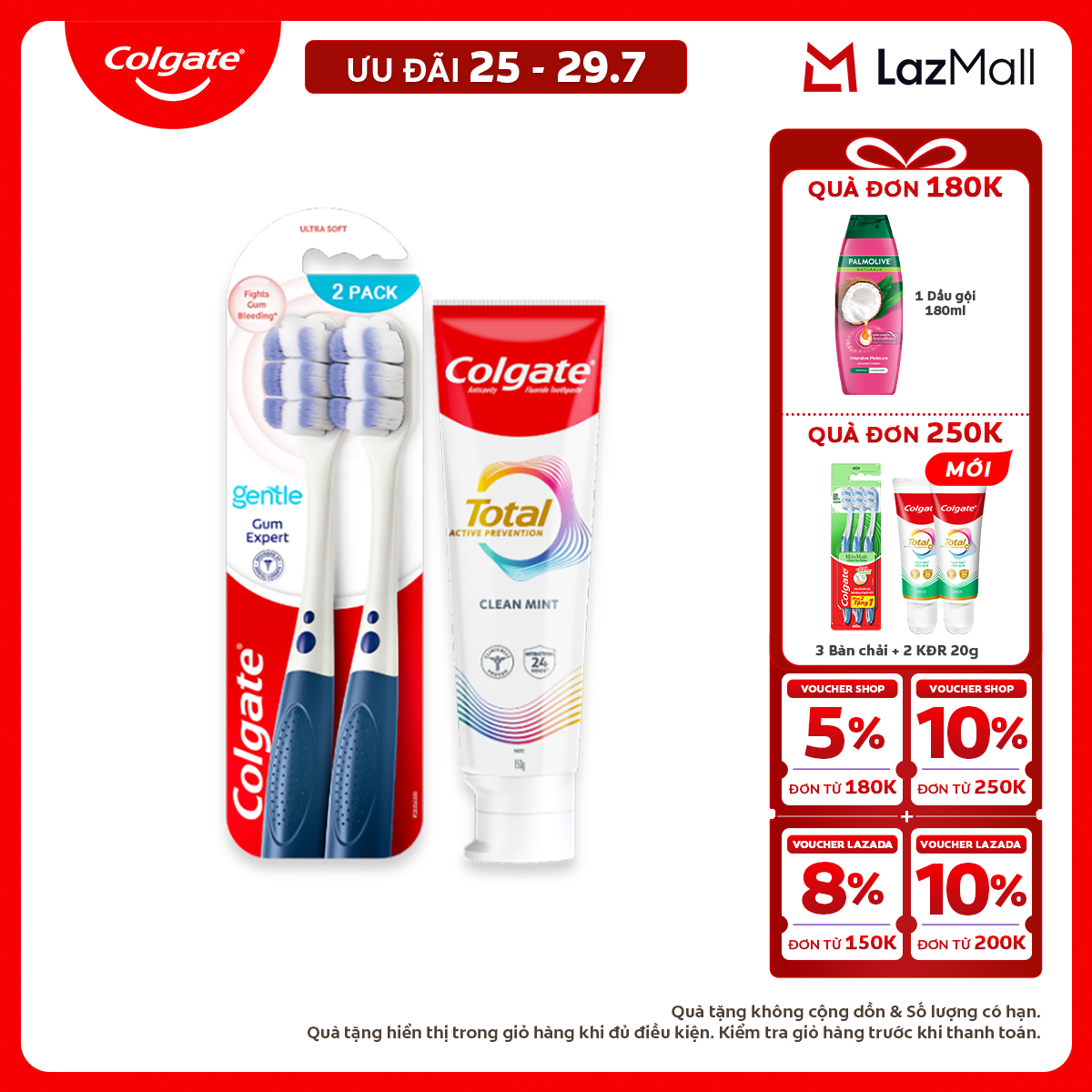 [Chỉ 25-29.7_X2 Voucher giảm đến 18%] Bộ sản phẩm Colgate Total chăm sóc răng miệng toàn diện (Kem đánh răng  Bàn chải)