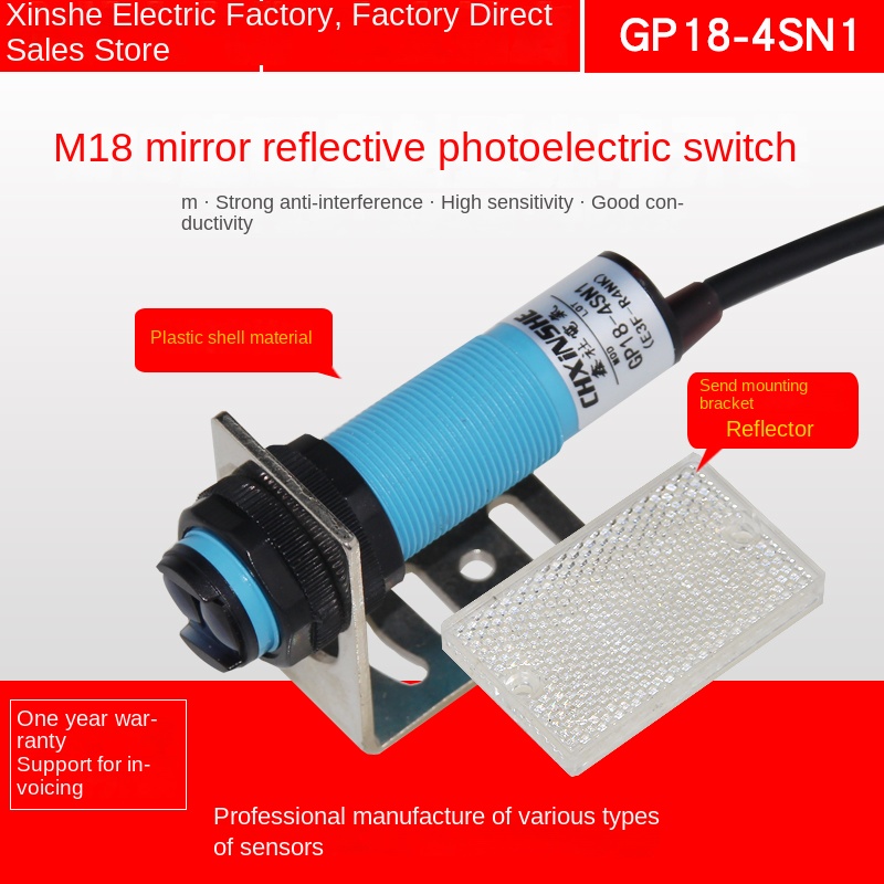 Cảm Biến Quang Điện M18 E3F-R2C1/GP18-4SN1, PNP Thường Đóng - Phản Xạ Gương Kèm Tấm Phản Quang Cho Tự Động Hóa Chính Xác