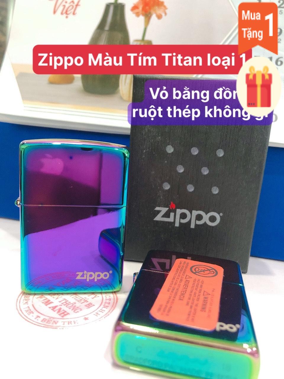 Bật Lửa, hộp quẹt Zippo Màu Tím Titan (Tím Cầu Vòng - Tím ánh kim, Tím bảy màu) Hàng loại 1 vỏ bằng đồng có tem đỏ ( không xăng)