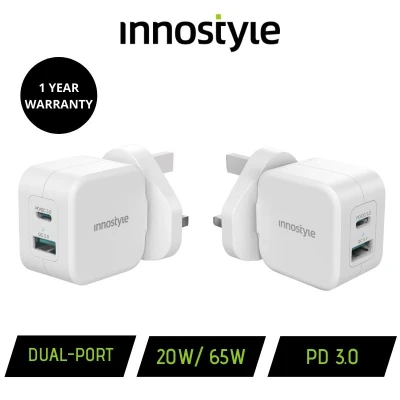 [Bundle Deal] Innostyle Dual-Port Charger (20w x 1 Plus 65w GaN x1) with PD and Q.C 3.0 - UK Plug