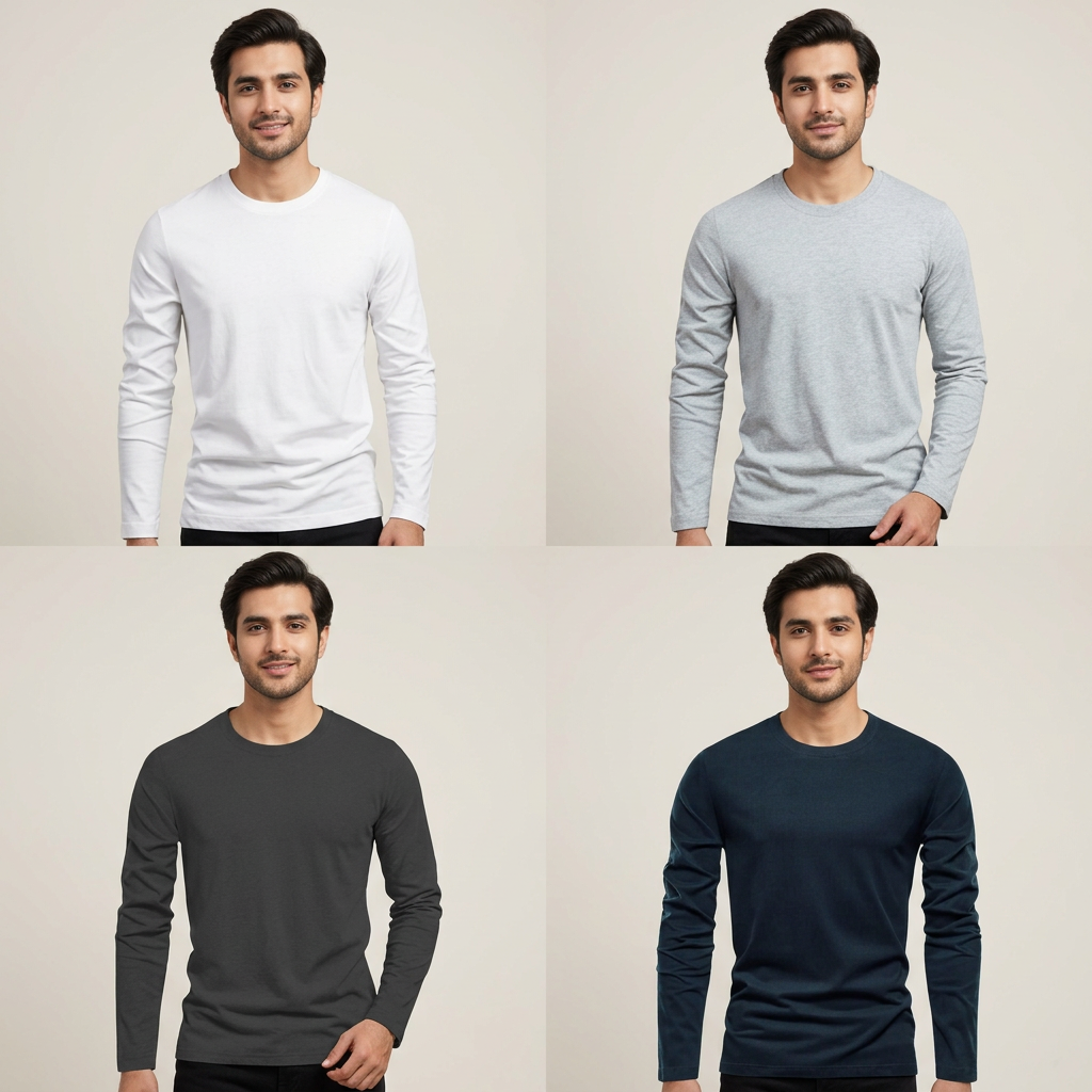 MK Garments Men's Pack of 4 Plain Full Sleeve Cotton Summer Casual Basic Long Sleeve T-Shirts Multi Color
