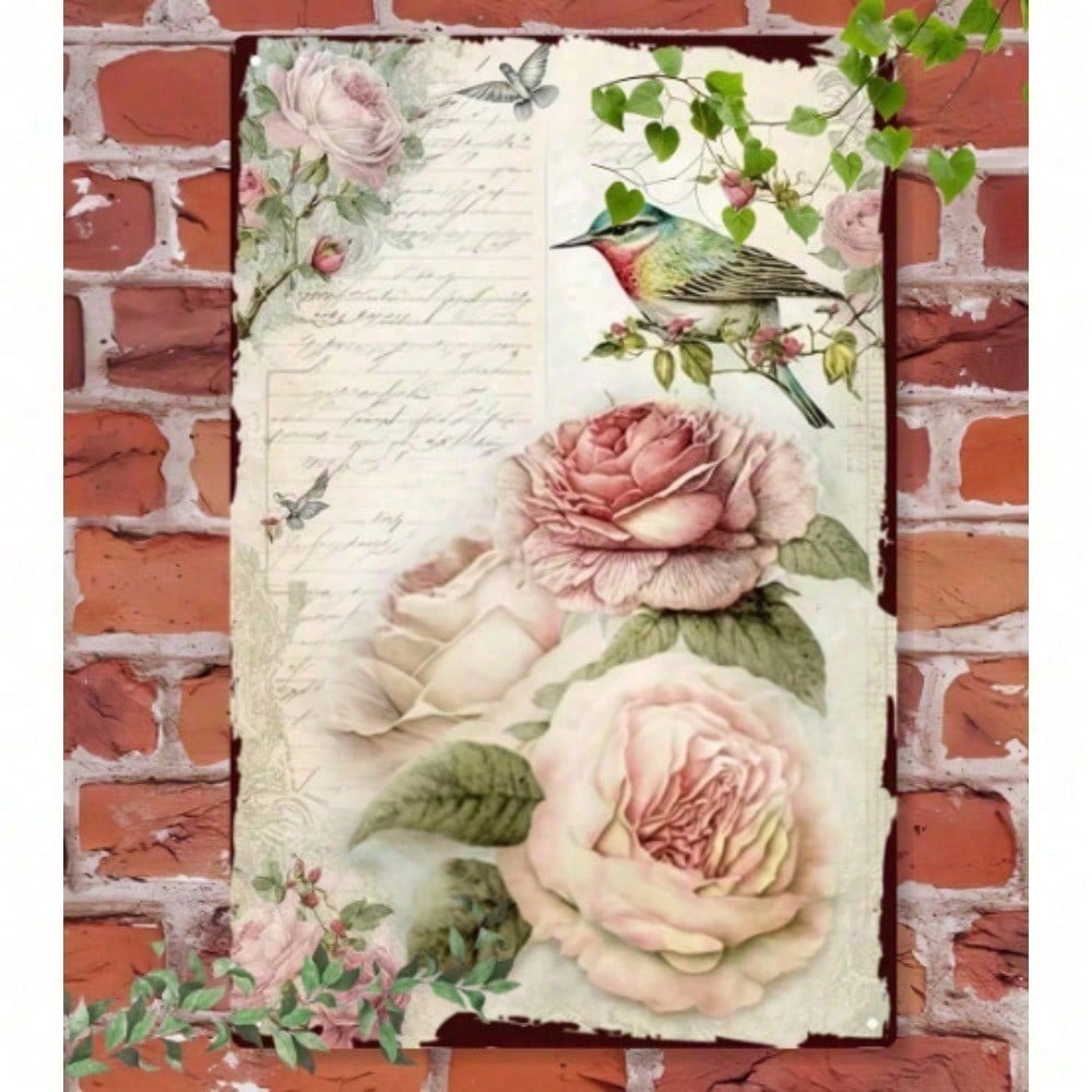 Pink Rose & Bird Canvas Wall Art 8x12in Wildflower Botanical Painting With Metal Frame Green Leaves Floral Artwork For Living