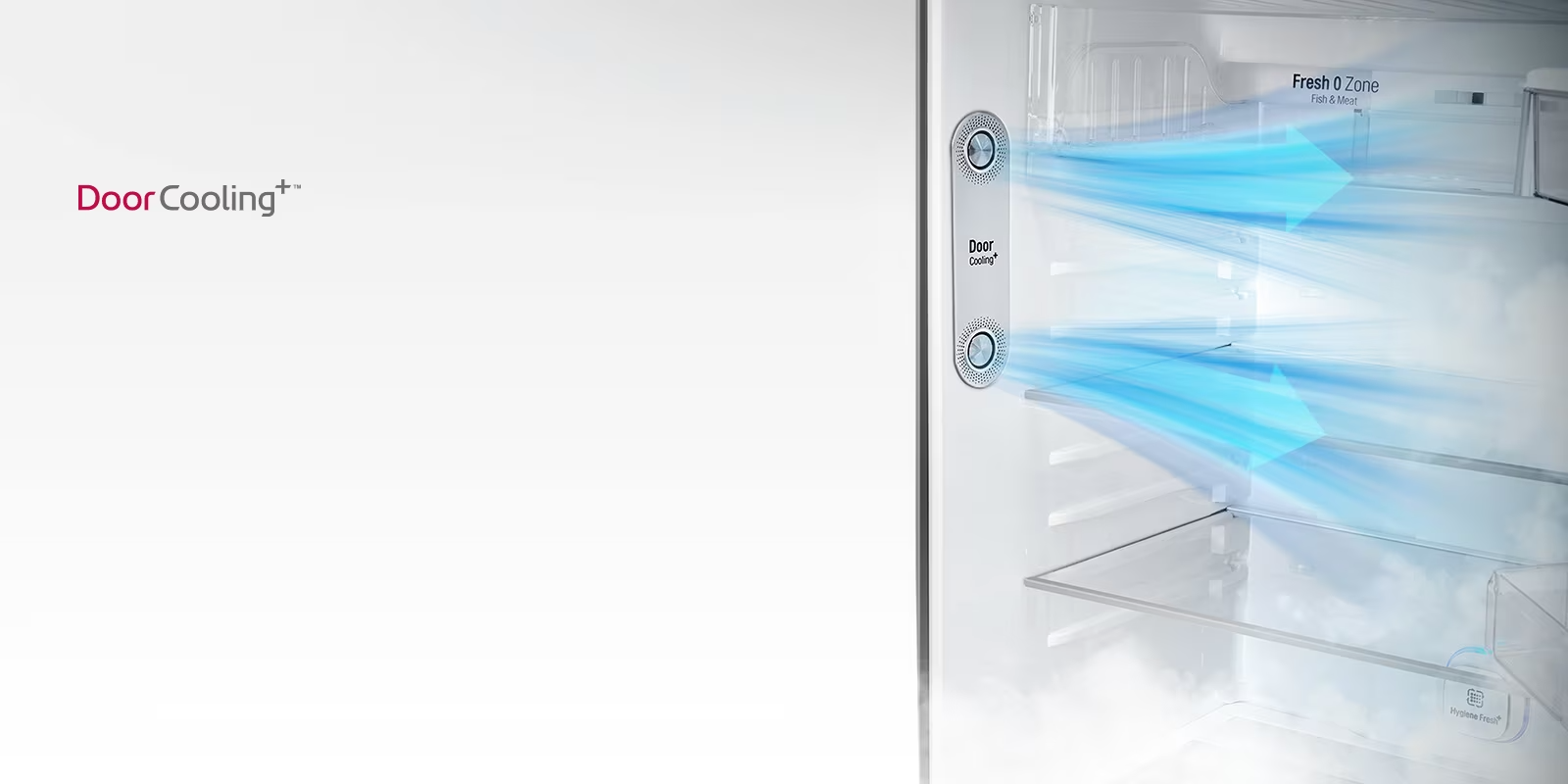 The bottom drawers of the fridge are shown filled with produce. A magnified circle shows the Humidity Control lever on the top of the drawer close up with arrows to indicate it can be changed.