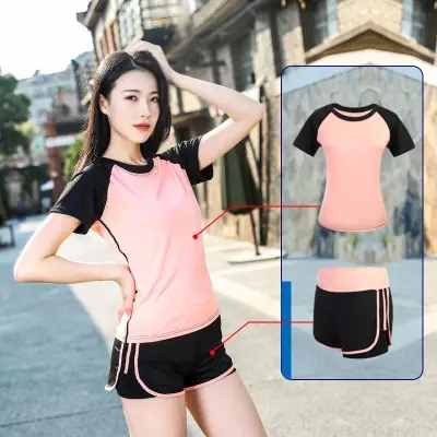 (Two-piece set) Yoga clothes suit female fitness clothes slim slimming running clothes sports shorts + top suit quick-drying