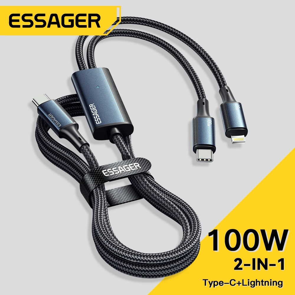 Essager 100w cáp usb c để loại c để chiếu sáng pd nhanh chóng sạc dữ liệu 2 trong 1 dây sạc nhanh cho macbook iphone samsung xiaomi