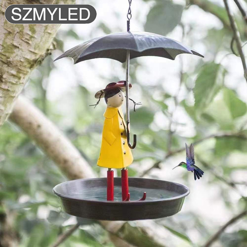 Creative Hanging Bird Feeder Girl With Umbrella Tray Outdoor Garden Yard Decoration