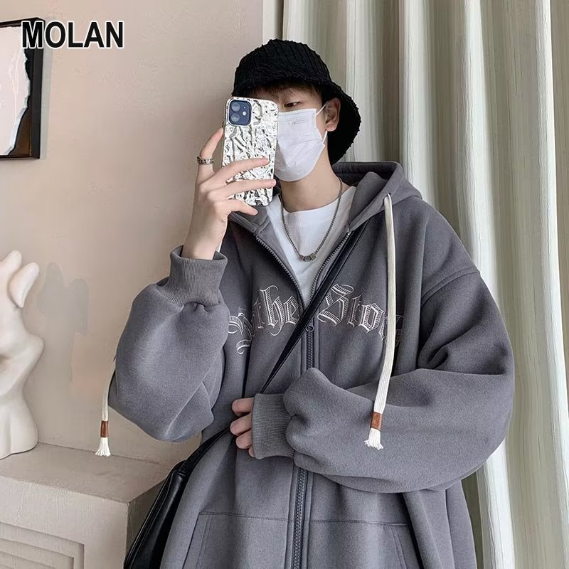 MOLAN Áo khoác hoodie zip-Người Đàn Ông Đơn Giản Lỏng Ban Nhạc Dây Kéo Giản Dị Áo Lông Cừu Áo Len Giản Dị Áo Khoác