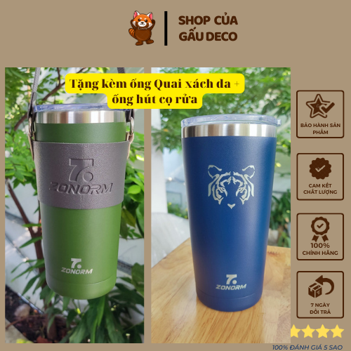 Ly giữ nhiệt 600ml ZONORM inox 304 giữ nhiệt 24h tặng kèm dây đeo da và bộ cọ ống hút