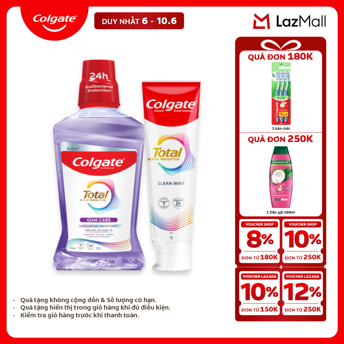 [Chỉ 6-10.6_X2 Voucher giảm 22%] Bộ sản phẩm Colgate Total bảo vệ nướu khỏe (Kem đánh răng  Nước súc miệng)