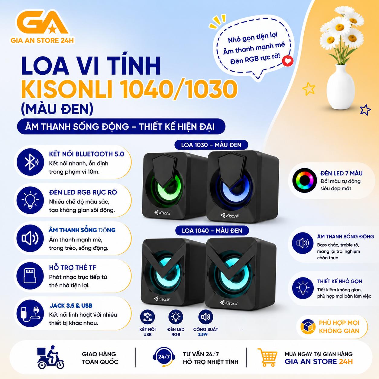 Loa Máy Tính Để Bàn Mini Led Rgb 2.0 Kisonli L1030/1040 Đen Loa Vi Tính Laptop Gaming Nghe Nhạc Có Dây