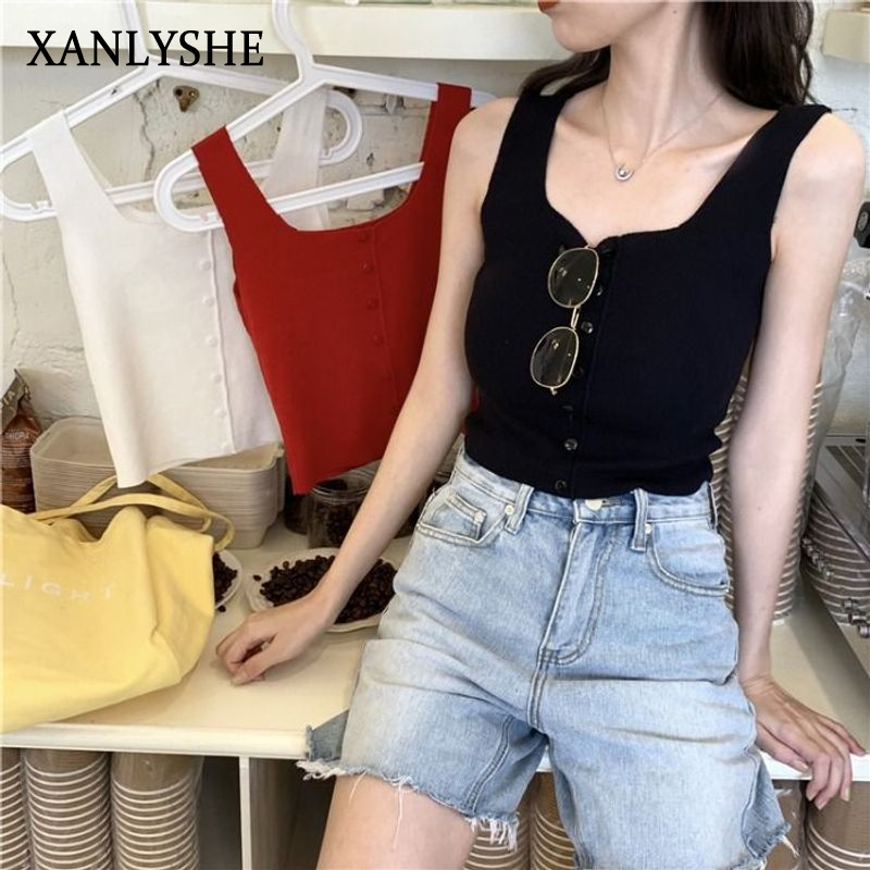 XANLYSHE เสื้อกล้ามสำหรับผู้หญิงแบบใหม่ฤดูใบไม้ผลิและฤดูร้อนสายเดี่ยวถักเข้ารูปแบบสั้นสีล้วนใส่ด้านนอกใส่แล้วดูผอมเพรียว ราคา 54 บาท*ส่งฟรี