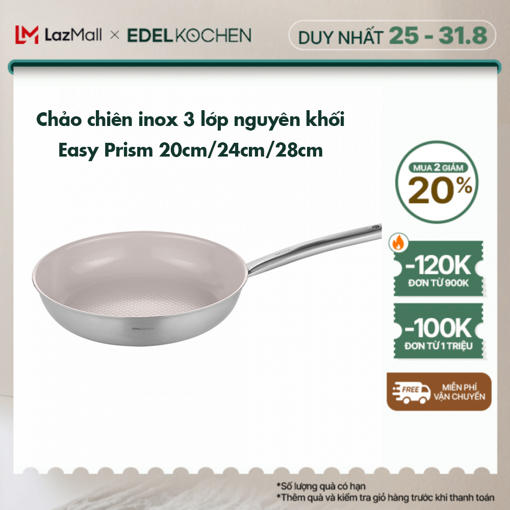 Chảo chiên inox 3 lớp nguyên khối, chống dính ceramic Edelkochen Easy Prism Collection 20/24/28cm – Màu Earl Gray