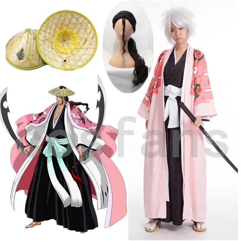 【Shop the Look】 Bleach Cosplay 8th Division Captain Kyouraku Shunsui Cloak Unisex Pink Cape Shinigami Kimono Kurosaki Ichigo Black Pants