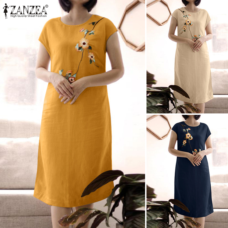 Rulfepy Zanzea Đầm tay ngắn đơn giản Đầm xẻ cổ tròn cổ điển cho nữ Đầm thêu hoa #8