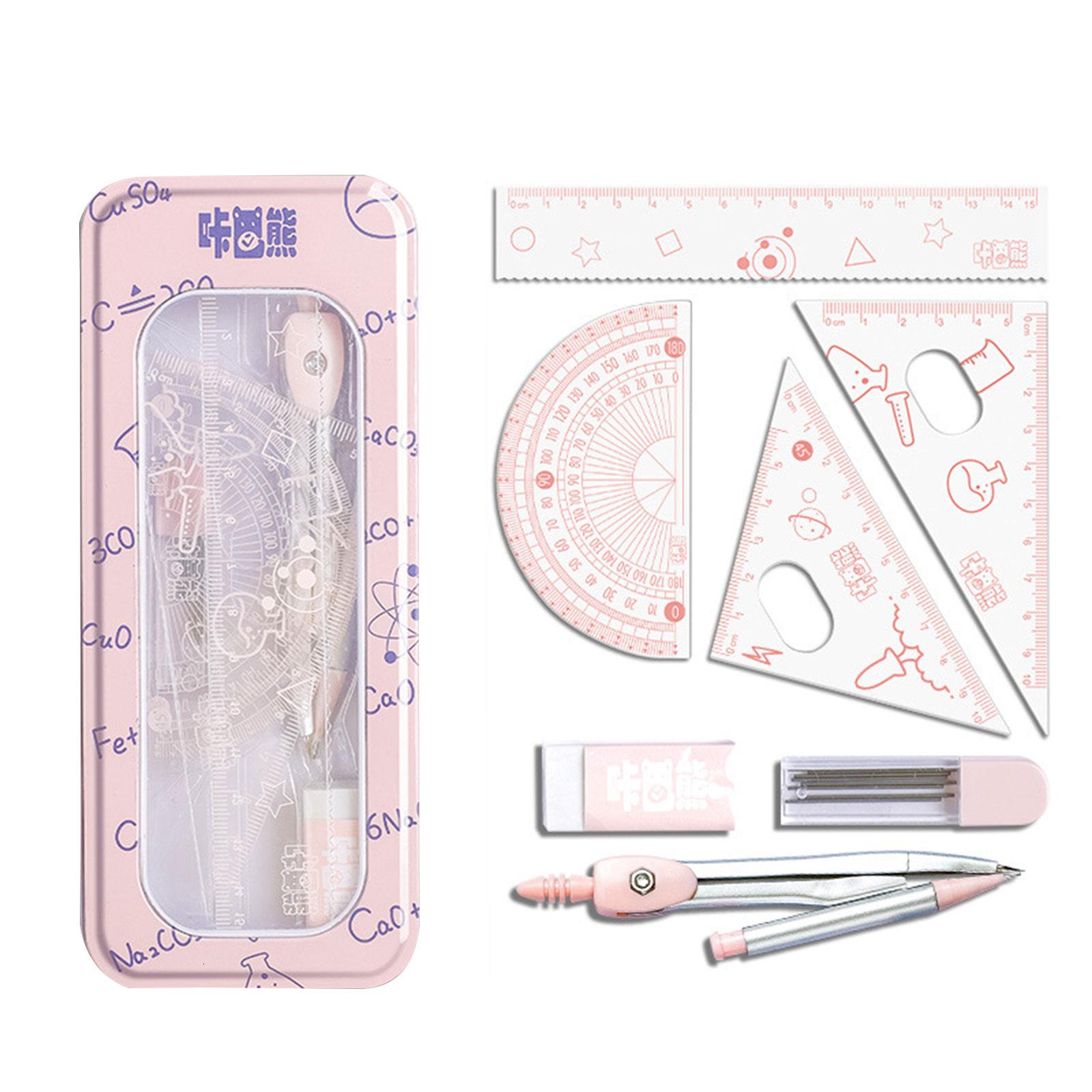 Protractor Pink 8Pcs Geometry Set Students Math Protractor Compass Box ...