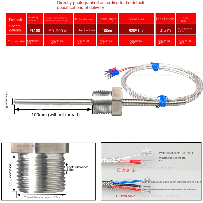 Pt100 Cảm Biến Nhiệt Độ Chống Nước Ren Cố Định | Đầu Dò 50-100mm | -50~200°C | Dây 1.5m | Thép Không Gỉ | Hàng Chính Hãng - M20 * 1.5/φ 6*100mm