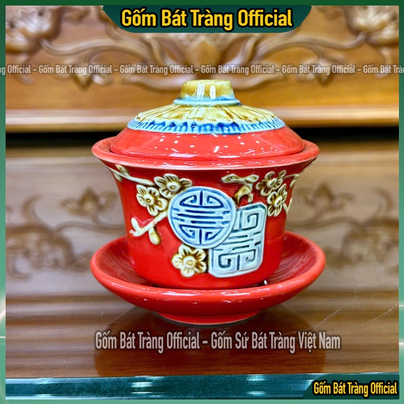Bát Sâm Men Đỏ Đắp Nổi, Bát Sâm Đắp Nổi Họa Tiết Đào Thọ, Bát Sâm Thờ Cúng - Gốm Sứ Bát Tràng Cao Cấp