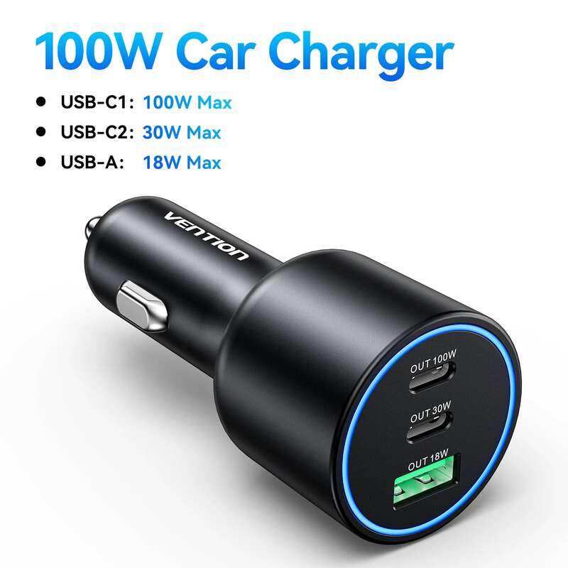 Ống hút thuốc Vention 165W ô tô USB Type C 100W PD QC3.0 bộ chuyển đổi sạc nhanh 3 cổng cho iPhone X