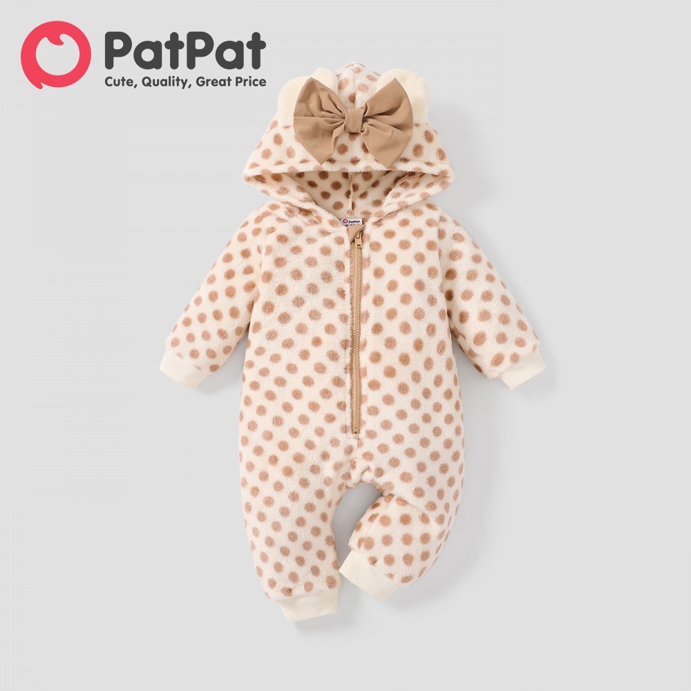PatPat Baby Girl Sweet Polka dots Fuzzy Hooded Jumpsuit