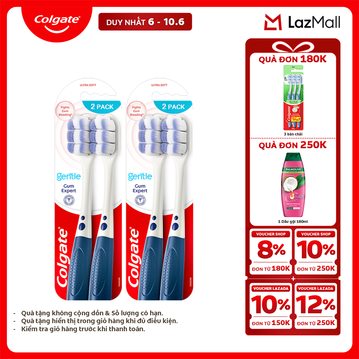 [Chỉ 6-10.6_X2 Voucher giảm 22%] Bộ 4 Bàn chải Colgate Gentle Gum Expert lông dày siêu mềm, ôm sát nướu, giảm chảy máu nướu