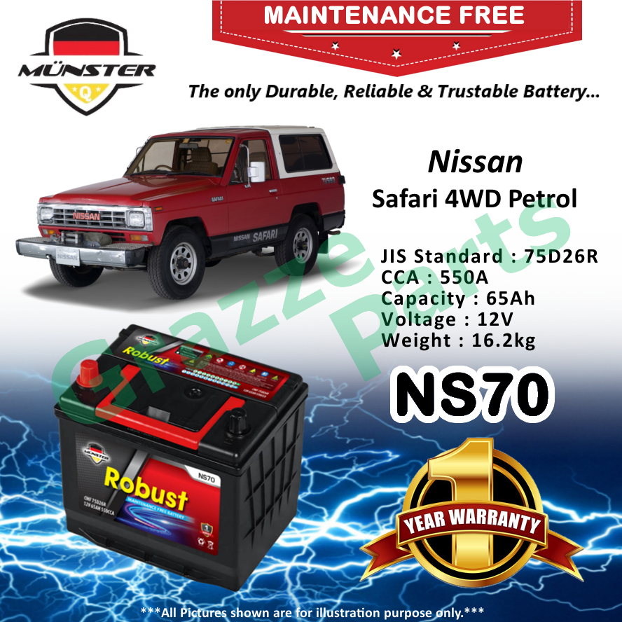 Mnster Robust MF CMF NS70 | NS70R | 75D26R (65AH) Car Battery Bateri Kereta for Nissan Safari 4WD Petrol