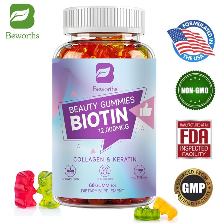  Beworths Viên kẹo mọc tóc Biotin 12000 Mcg của Mỹ 60 viên giúp kích mọc tóc giảm gãy rụng 