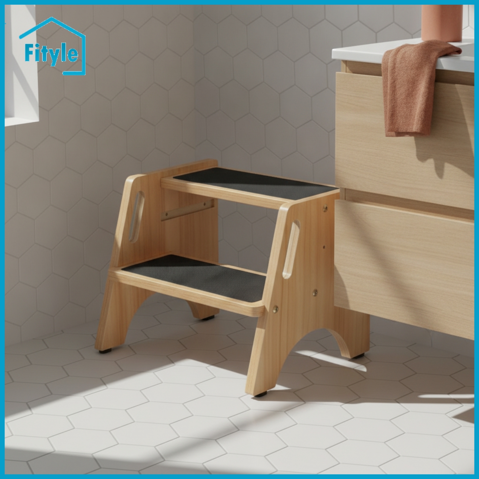 ของใช้แม่และเด็ก Fityle Sturdy Wooden Step Stool with Handholds Compact Two-Step Stool with Handles Heavy-Duty Furniture Safe for Bathroom
