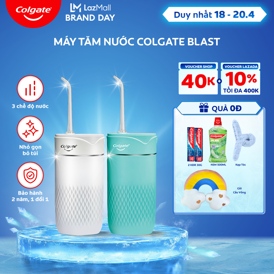 [Chỉ 18 - 20.4_Voucher giảm thêm 210K] Máy tăm nước Colgate Blast nhỏ gọn, chống thấm nước, pin sạc, sạch sâu từng kẽ răng