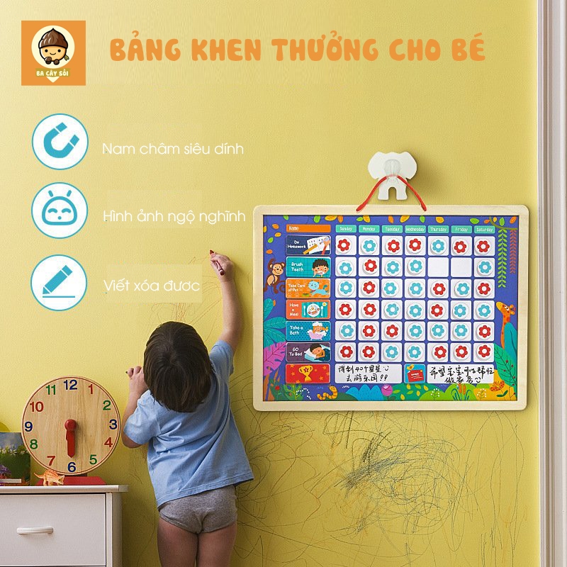 Bảng khen thưởng kỷ luật cho bé bằng gỗ có nam châm giúp bé rèn luyện thói quen tốt và tính kỷ luật.