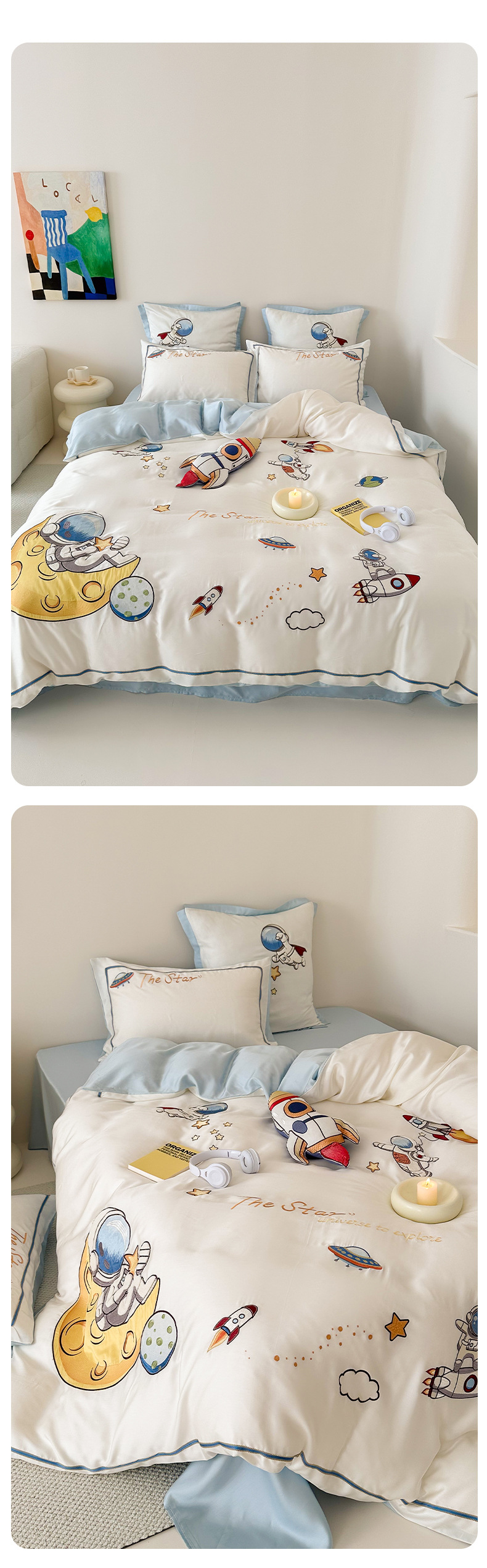 Set di biancheria da letto Cartoon Embroidery 100 Blue Essence Set quattro pezzi in Tencel bifacciale con lenzuolo e copripiumino in seta ghiacciata fresca per bambini AoyuejhaSD-CB