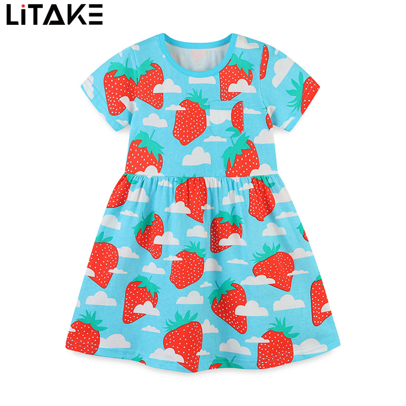 Girls Dresses Soft Summer Cotton Round Neck Short Sleeve Dresses T-Shirt Casual Cartoon Fruit Printed Skirt ราคา 205 บาท*ส่งฟรี
