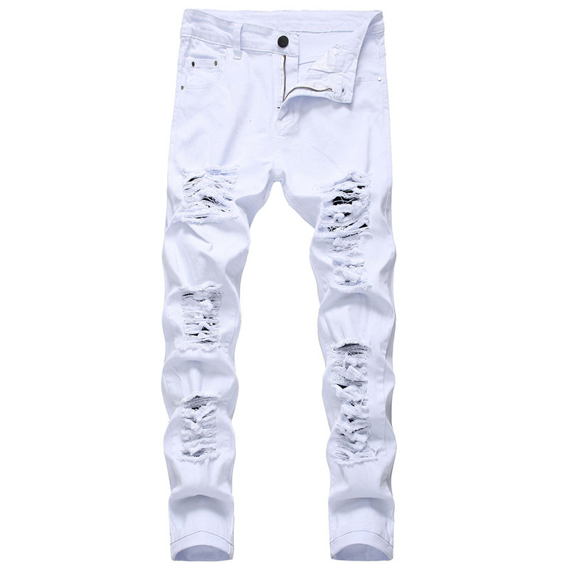 Người Đàn Ông Của Jean Trắng hip hop thời trang Ripped Skinny vải bò nam Quần ôm gọn co giãn Đau Khổ