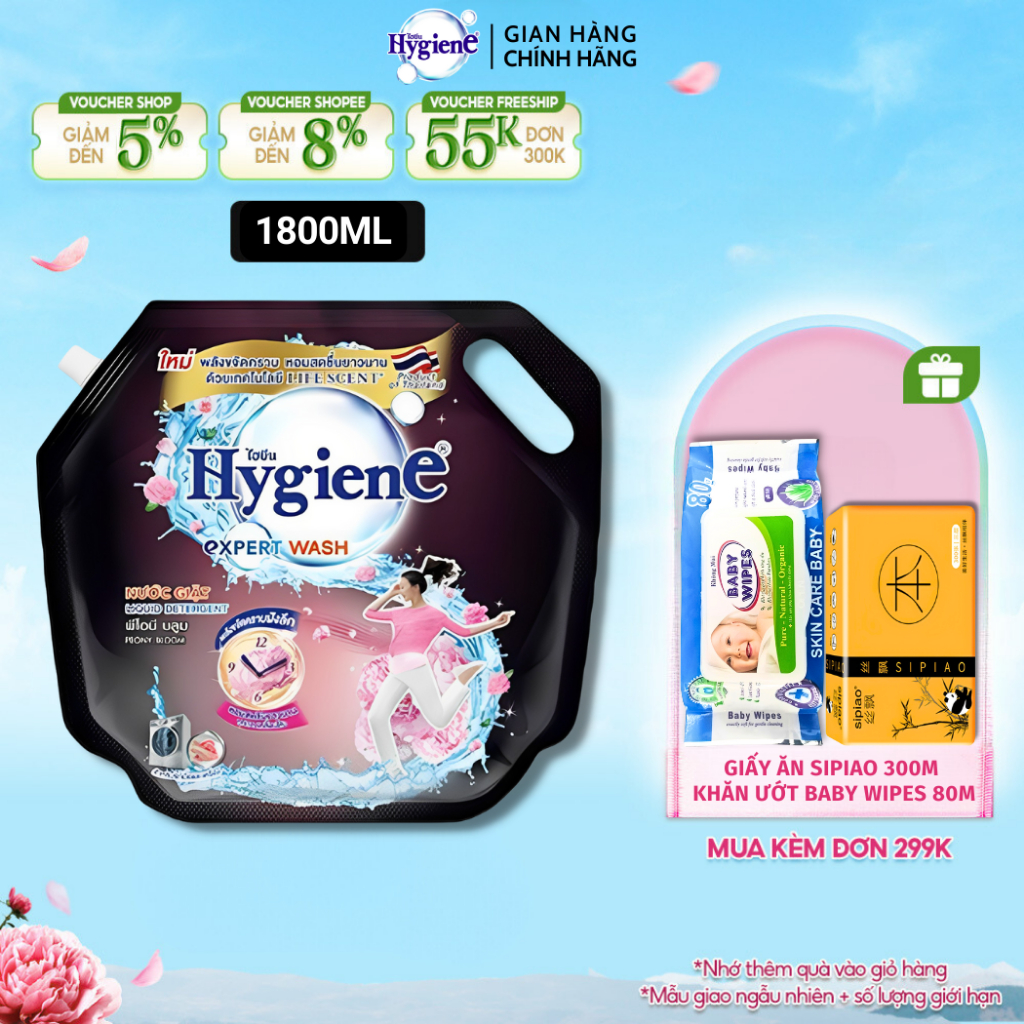 Nước giặt hygiene giặt xả quần áo thái lan thơm lâu expert wash túi 1800ml