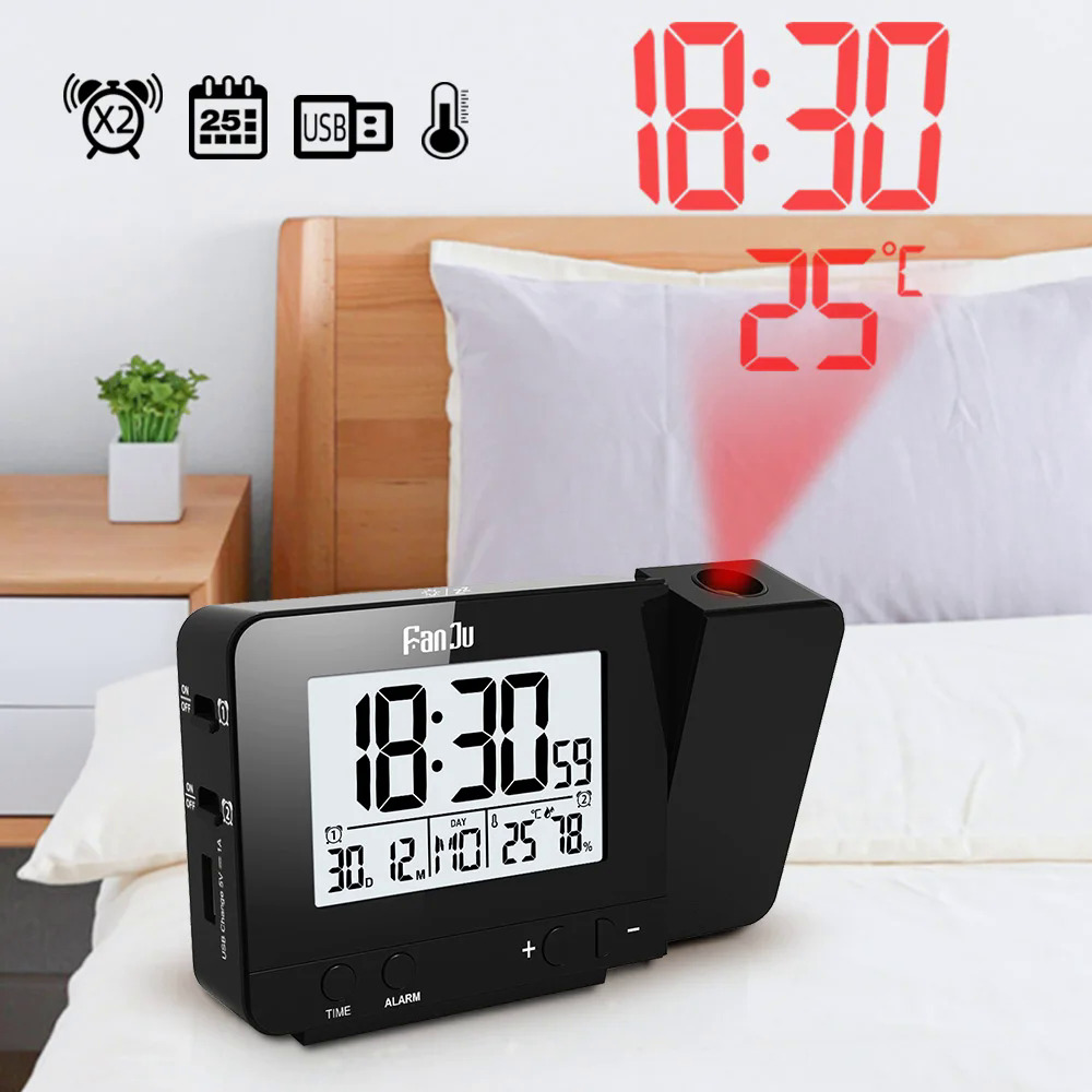 Fanju fj3531 đồng hồ báo thức kỹ thuật số ngày snooze chức năng đèn nền đồng hồ treo tường máy chiếu bàn LED đồng hồ với thời gian chiếu