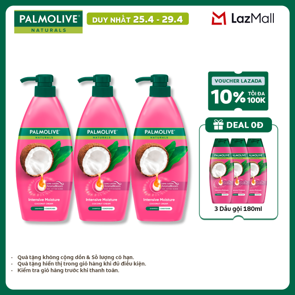 [Chỉ 25-29.4_Tặng 3 Gội 180ml] Bộ 3 Dầu gội Palmolive kèm xả 2-trong-1 chiết xuất thiên nhiên 600ml