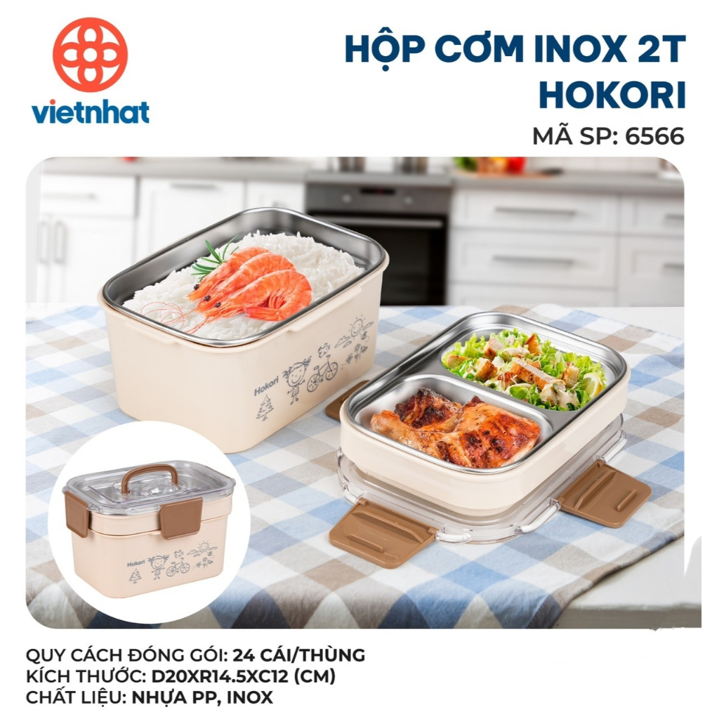 Hộp cơm INOX 304 chữ nhật Hộp đựng thức ăn đi làm 2 tầng (Chất liệu an toàn) Hokori Việt Nhật 6566 ruột inox giữ nhiệt cao cấp.