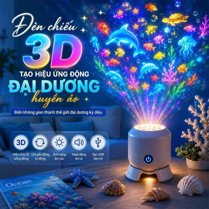 Đèn chiếu 3D tạo hiệu ứng động đại dương giáng sinh giao thông đèn ngủ tạo không khí Đèn Led xoay tự động 360 độ