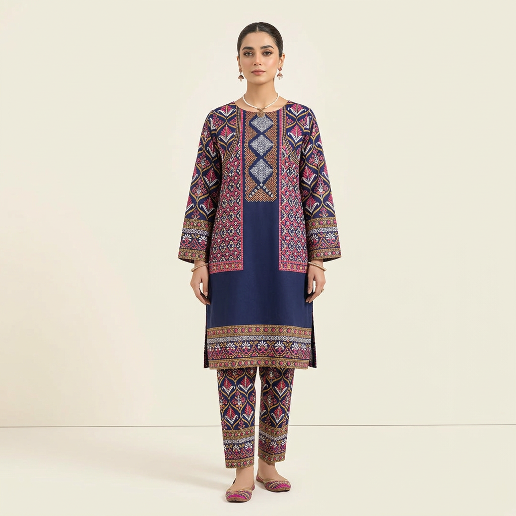 Stylish Collection Stitched 3D Printed jacket style 2pc Dress for Women