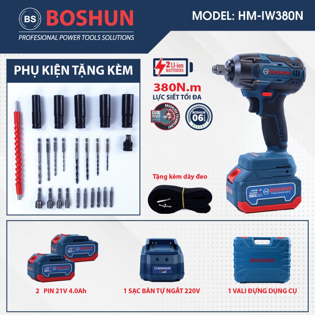Máy siết bulong boshun bs-iw380nm không chổi than - đầu 2 trong 1 bảo hành chính hãng boshun