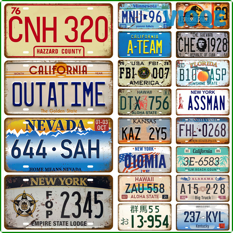 VIOQE US Car Brand New Art Plate Metal Sign Registration State Number Plaque America Decorative Tin Sign Wall Industrial Decor Art AVXCV