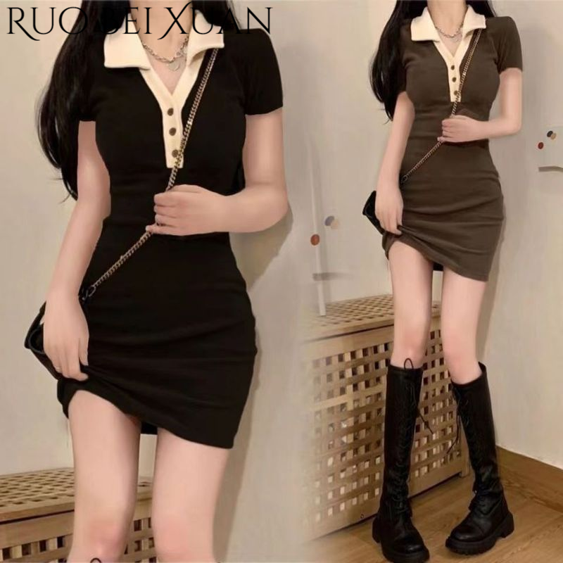 Ruo Bei Xuan Women's Summer Polo Dress Short Sleeve Slim Fit Casual Knit A-Line Skirt ราคา 131 บาท*ส่งฟรี