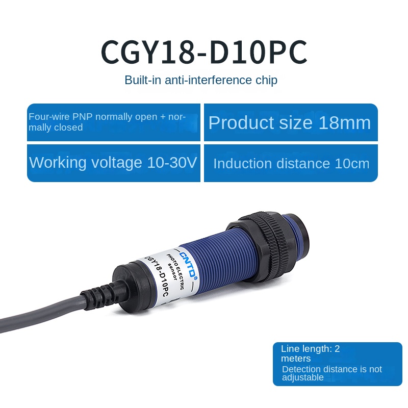 Cảm Biến Quang Điện CGY18E D10PC M18 CNTD - tùy chọn PNP/NPN Thường Mở/Thường Đóng, 3 Dây, M18, 10-30cm