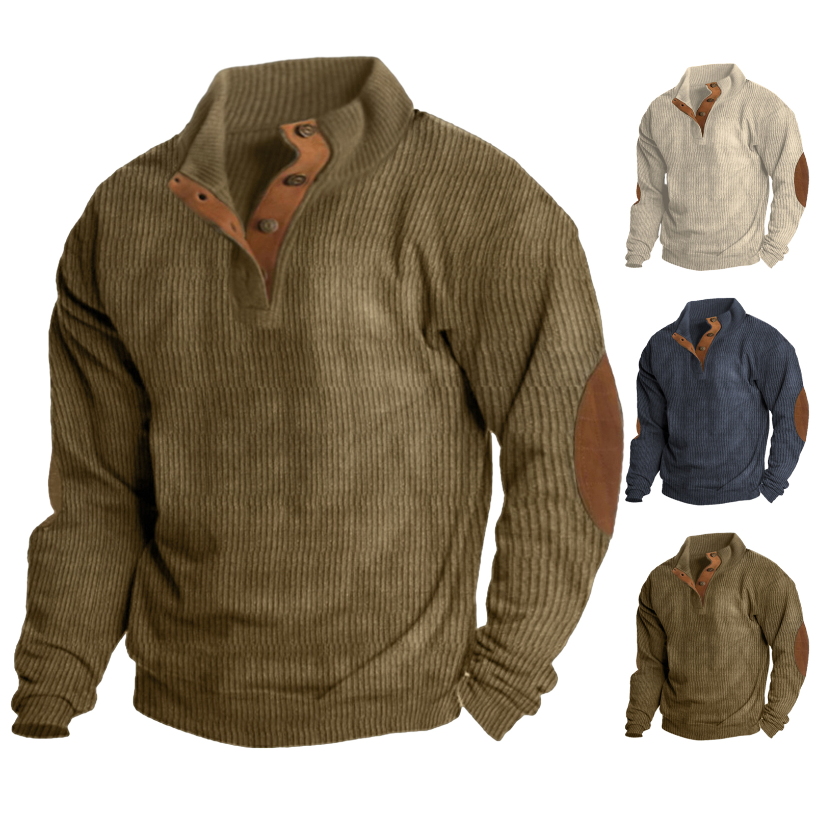 Versatile Pullover Top Men's Retro Button Patchwork Sweater Classic Stand Collar Pullover for Autumn Winter Versatile456_voghion.com