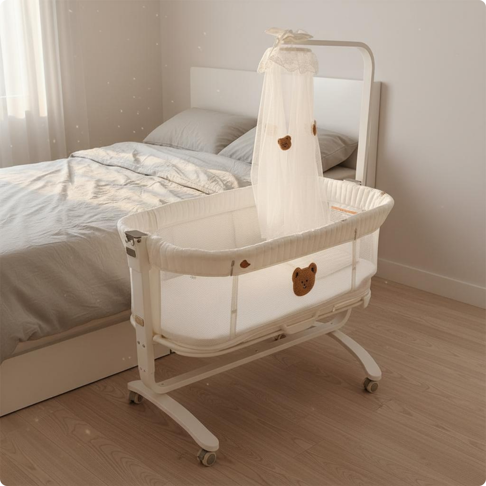 Multi-Functional Co-Sleeper Bassinet Adjustable Height Mobile Bassinet Quiet-Rolling Wheels Portable Baby Crib Foldable for Newborns Infants Small Apartment Maternity Maternity Facility
