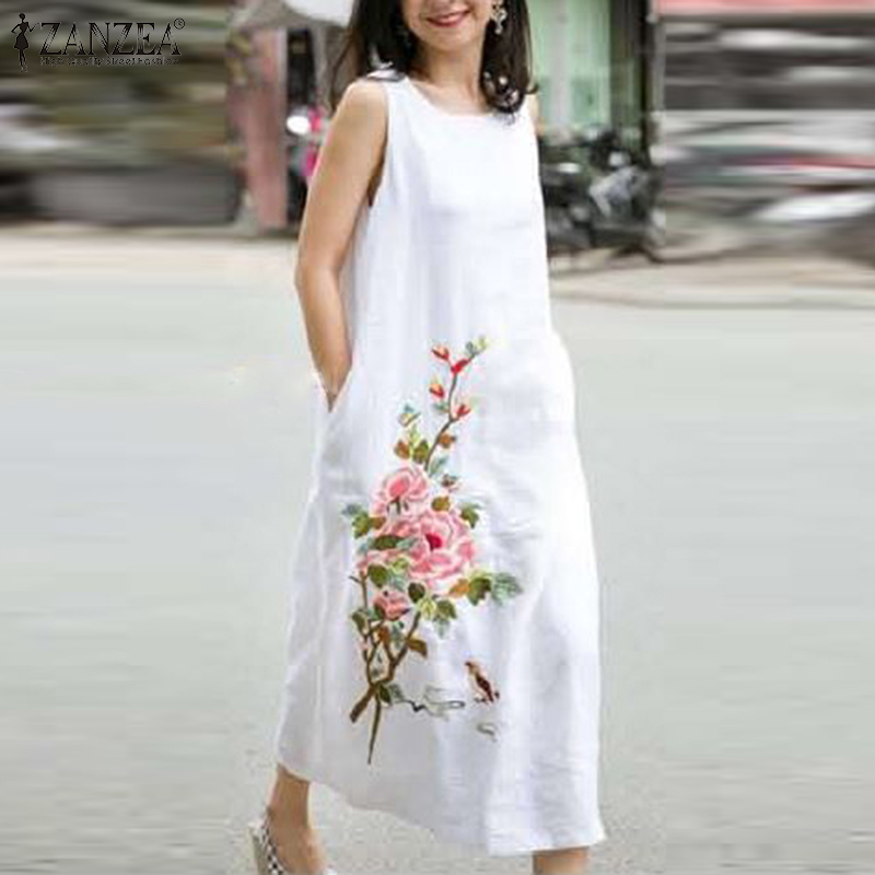 ZANZEA Womens Sleeveless Elegant Printed Long Dress Asymmetrical Hem A-Line Maxi  Dresses