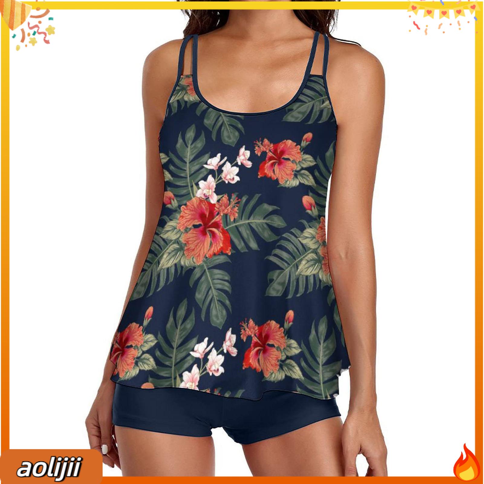 2 cái/bộ u-cổ cạp cao không tay Lady Áo Tắm Hoa in lá Top ôm bụng Boyshorts thiết lập cho hoạt động nước 2 cái/bộ thời trang Bikini