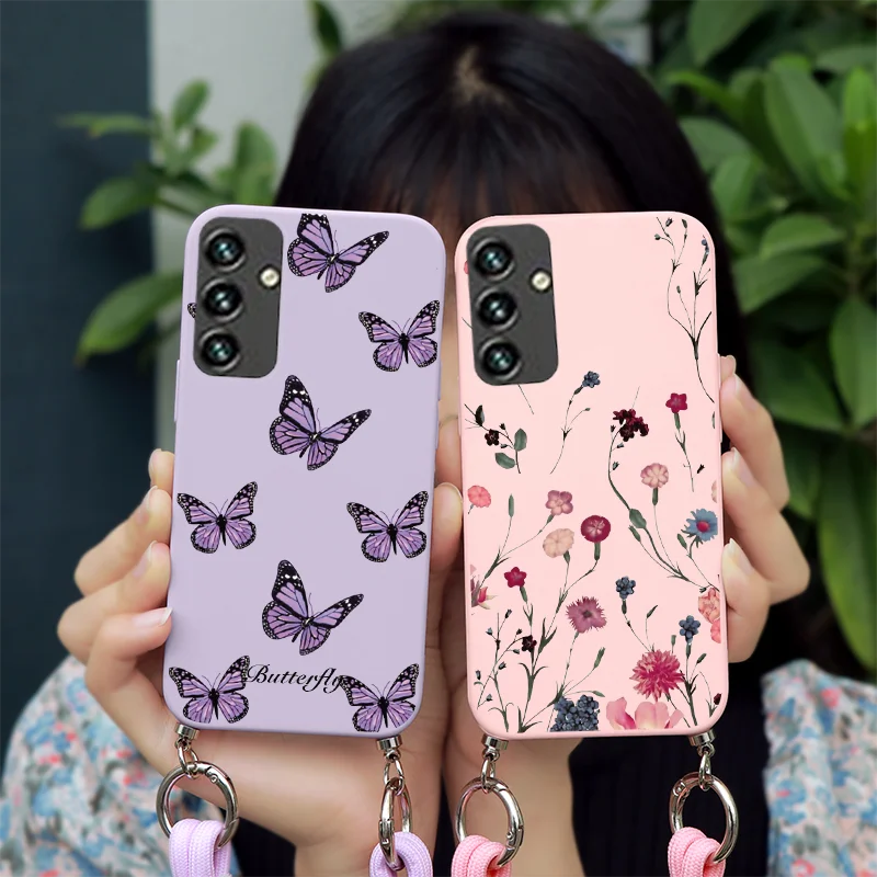 NEWЖЖNEW Voor Samsung Galaxy M13 4G M 13 1 3 Case Bloem Ketting Lanyard Touw Coque Voor Samsung Galaxym13 Samsungm13 Cover Fundas Shell