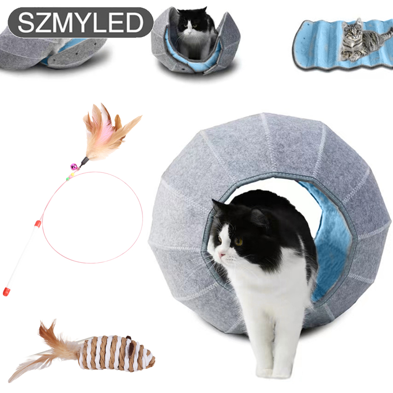 Pet Cat Foldable Kennel Portable Breathable Multi-function Semi-enclosed Hideouts House With Feather Teaser Stick