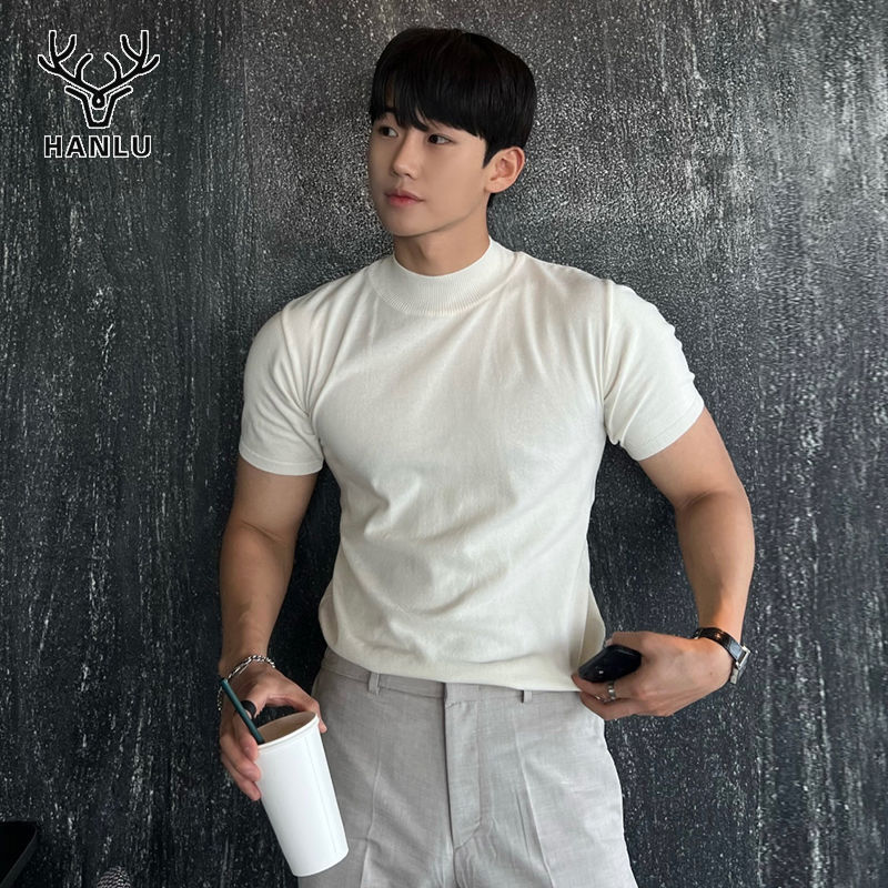 Hanlu áo thun cho nam Nam ngắn tay thời trang phong cách Hàn Quốc tay ngắn dệt kim cổ cao vừa áo thun màu trơn